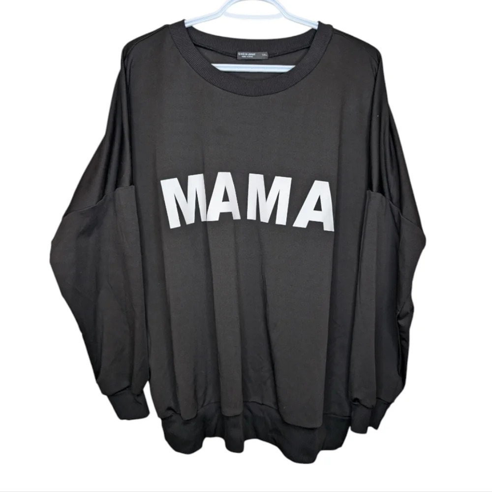Shein Curve Black w/ White MAMA logo Crew Neck Long Sleeve Sweater Top 1XL